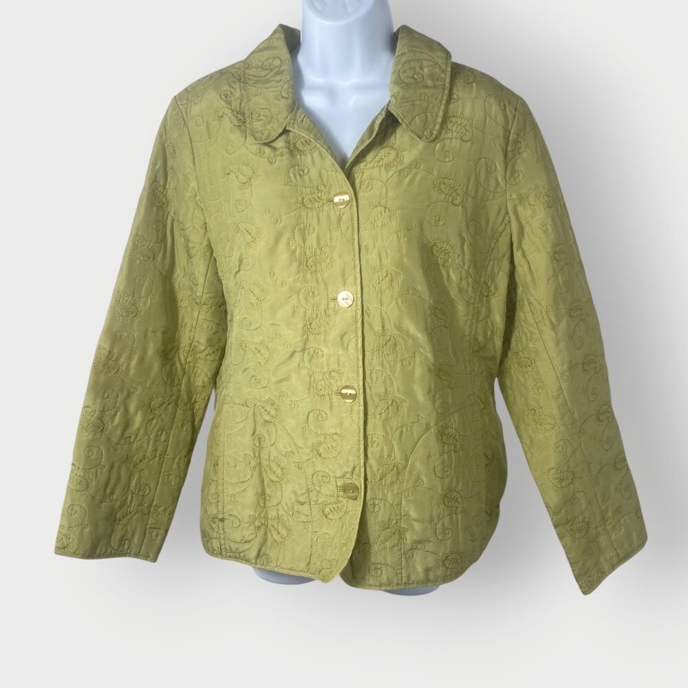 J. Jill Womens Quilted Silk Coat | M | Light Green Embroided | Boho Eclectic